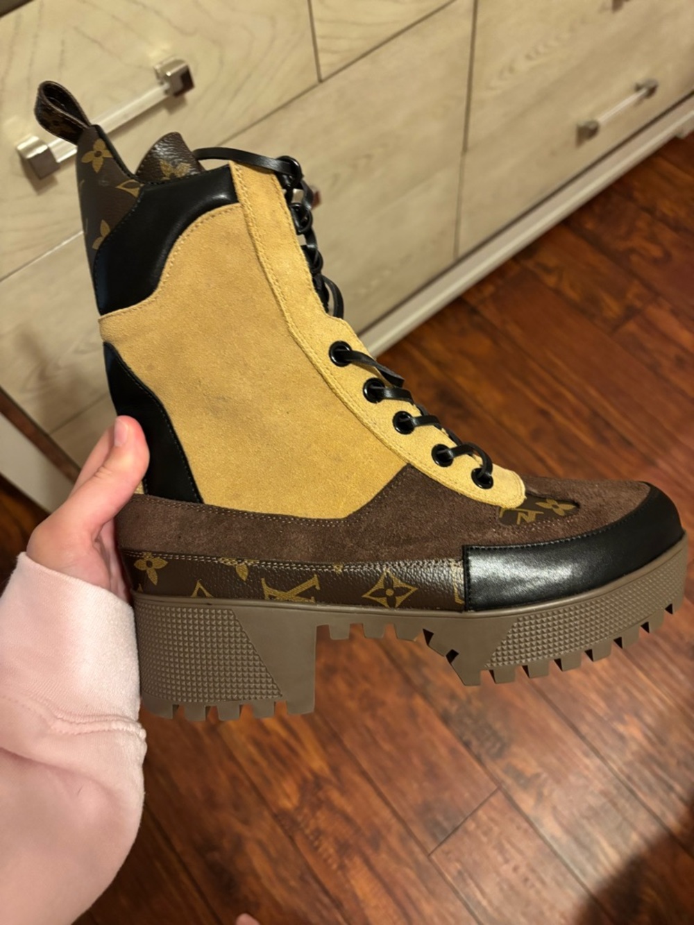 Louis Vuitton Brown and Tan Monogram Suede Lace-Up Combat Boot